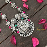 Vriksham Dual Peacock Oxidized Silver Red & Green Accents Lakshmi Neckpiece-S1049